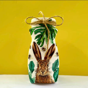 Decoupaged Large Jar - Hare And Green Leaves Design - The Upcycled Shop