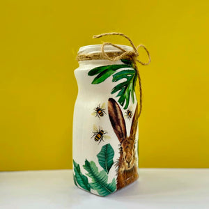 Decoupaged Large Jar - Hare And Green Leaves Design - The Upcycled Shop