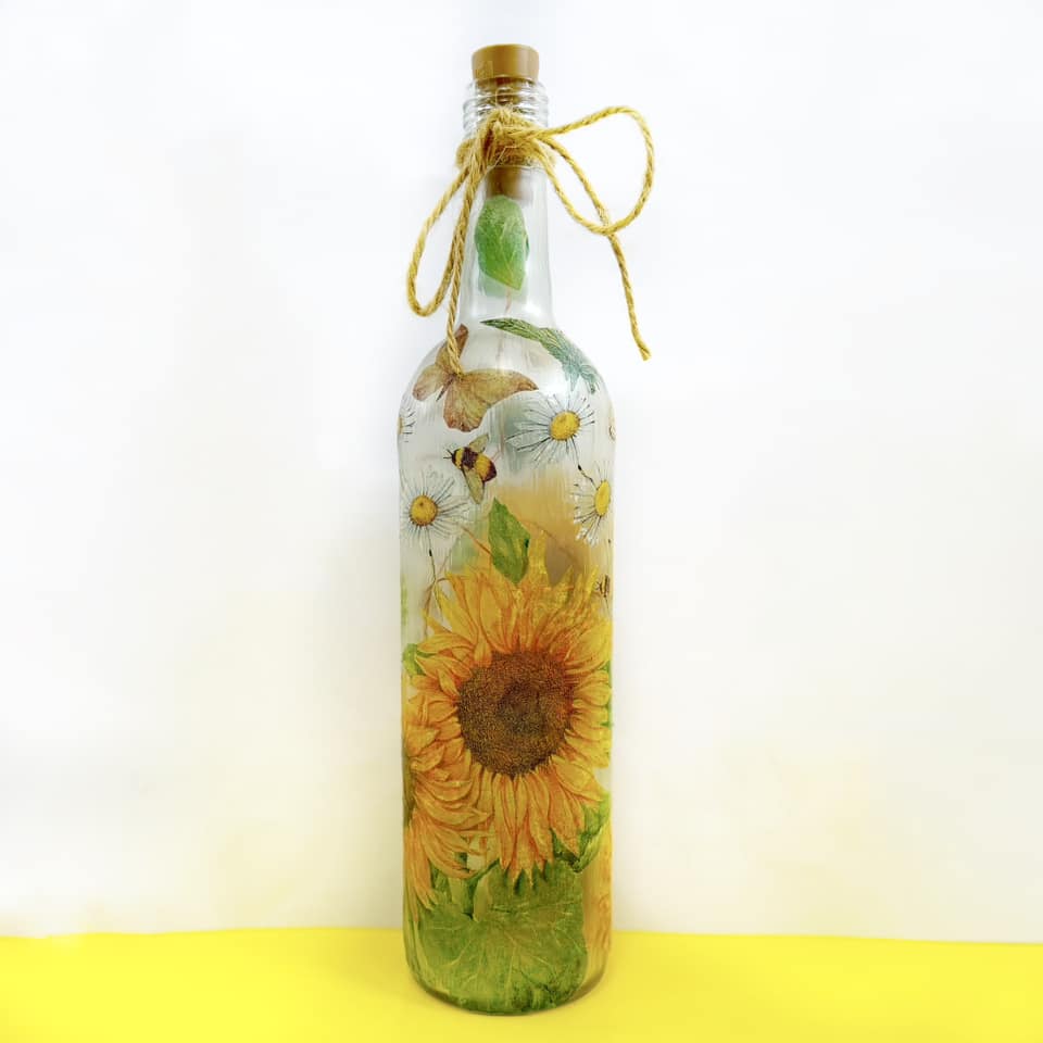 Decoupaged Light up Bottle - Sunflowers and Bees Design - The Upcycled Shop
