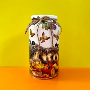 Decoupaged Small Jar - Hedgehog With Autumn Leaves Design - The Upcycled Shop