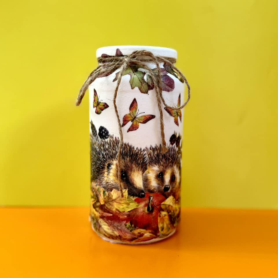 Decoupaged Small Jar - Hedgehog With Autumn Leaves Design - The Upcycled Shop