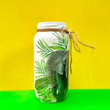 Load image into Gallery viewer, Decoupaged Small Jar  - Elephants and Green Leaves Design - The Upcycled Shop
