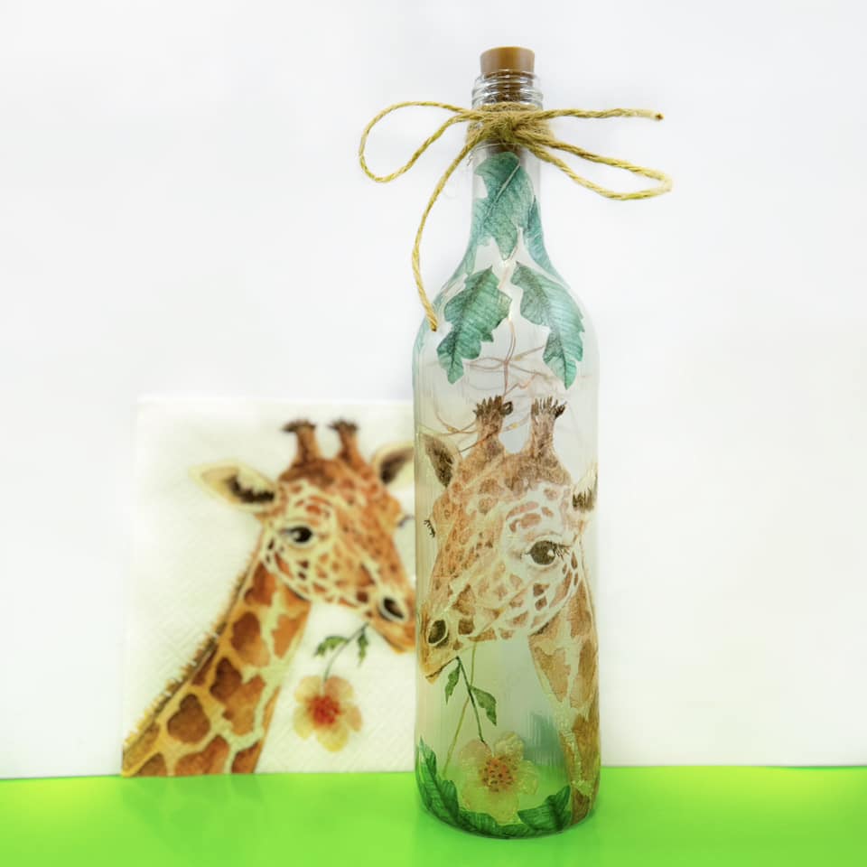 Decoupaged Light up Bottle - Giraffe and Green Leaves Design - The Upcycled Shop