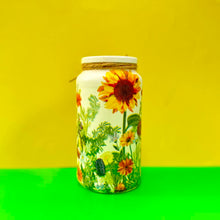 Load image into Gallery viewer, Decoupaged Small Jar - Sunflower and Wild Flowers Design - The Upcycled Shop
