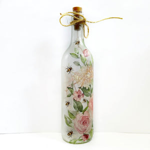 Decoupaged Light up Bottle - Pink Roses and Bees Design - The Upcycled Shop