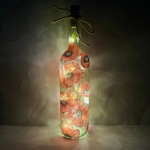 Decoupaged Light up Bottle - Red Poppies Design - The Upcycled Shop