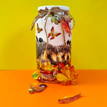 Load image into Gallery viewer, Decoupaged Small Jar - Hedgehog With Autumn Leaves Design - The Upcycled Shop

