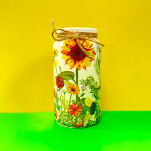 Decoupaged Small Jar - Sunflower and Wild Flowers Design - The Upcycled Shop