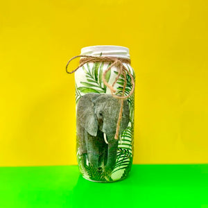Decoupaged Small Jar  - Elephants and Green Leaves Design - The Upcycled Shop