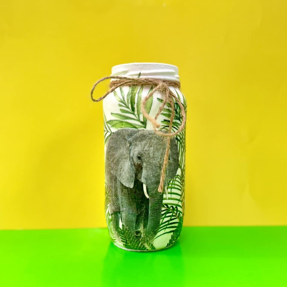 Decoupaged Small Jar  - Elephants and Green Leaves Design - The Upcycled Shop