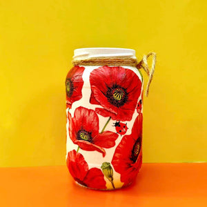 Decoupaged Small Jar - Poppies and Ladybirds Design - The Upcycled Shop