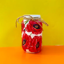 Load image into Gallery viewer, Decoupaged Small Jar - Poppies and Ladybirds Design - The Upcycled Shop

