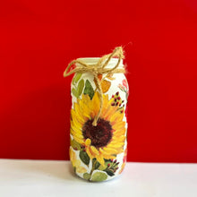 Load image into Gallery viewer, Decoupaged Small Jar - Ren And Yellow Sunflower Design - The Upcycled Shop
