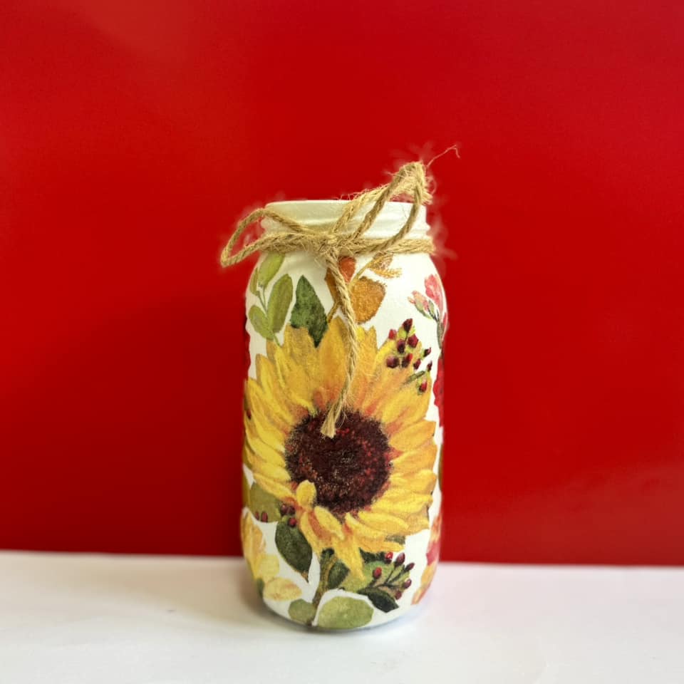 Decoupaged Small Jar - Ren And Yellow Sunflower Design - The Upcycled Shop