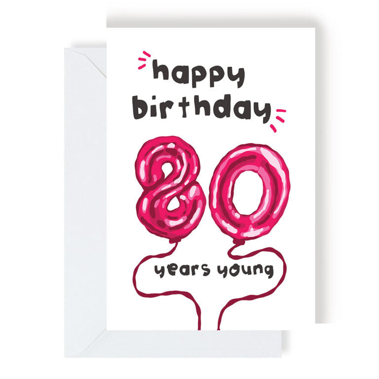 Greetings Card - 80 Years Young - Balloon  Card - The Playful Indian - 80th Birthday