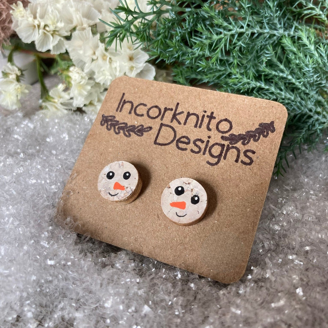 Snowman Stud Earrings - Christmas Natural Cork Jewellery - Incorknito Designs