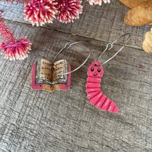 Load image into Gallery viewer, Pink Bookworm and Book Hoop Earrings - Natural Cork Jewellery - Incorknito Designs
