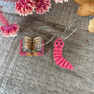 Pink Bookworm and Book Hoop Earrings - Natural Cork Jewellery - Incorknito Designs