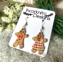 Load image into Gallery viewer, Mr and Mrs Gingerbread Man Hook Earrings - Christmas Natural Cork Jewellery - Incorknito Designs
