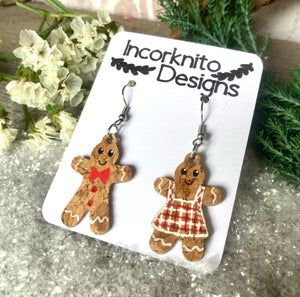 Mr and Mrs Gingerbread Man Hook Earrings - Christmas Natural Cork Jewellery - Incorknito Designs