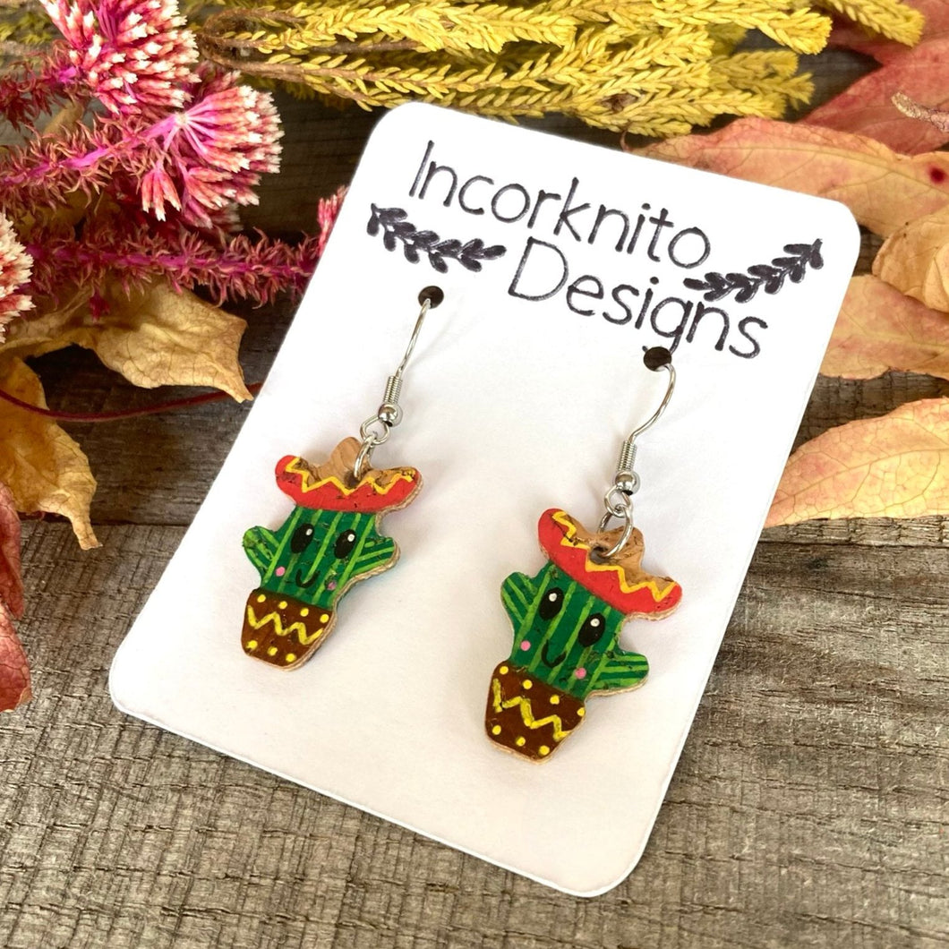 Smiley Cacti Hooks Earrings - Natural Cork Jewellery - Incorknito Designs