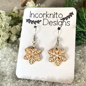 Natural Snowflake Hook Earrings - Christmas Natural Cork Jewellery - Incorknito Designs