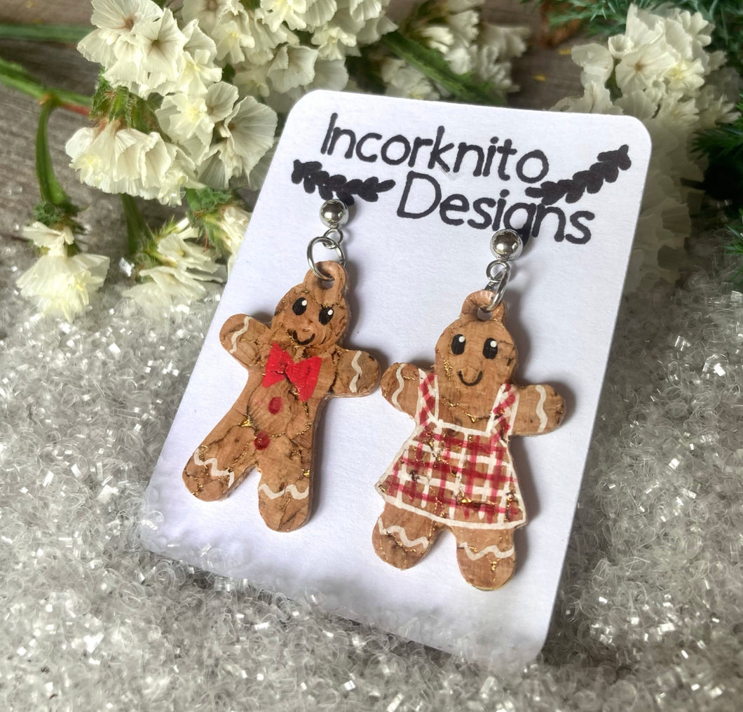 Mr and Mrs Gingerbread Man Ball Stud Earrings - Christmas Natural Cork Jewellery - Incorknito Designs