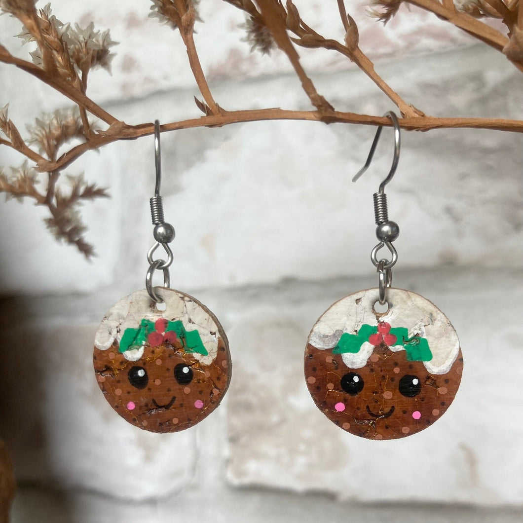 Christmas Pudding (Large) Hook Earrings - Christmas Natural Cork Jewellery - Incorknito Designs