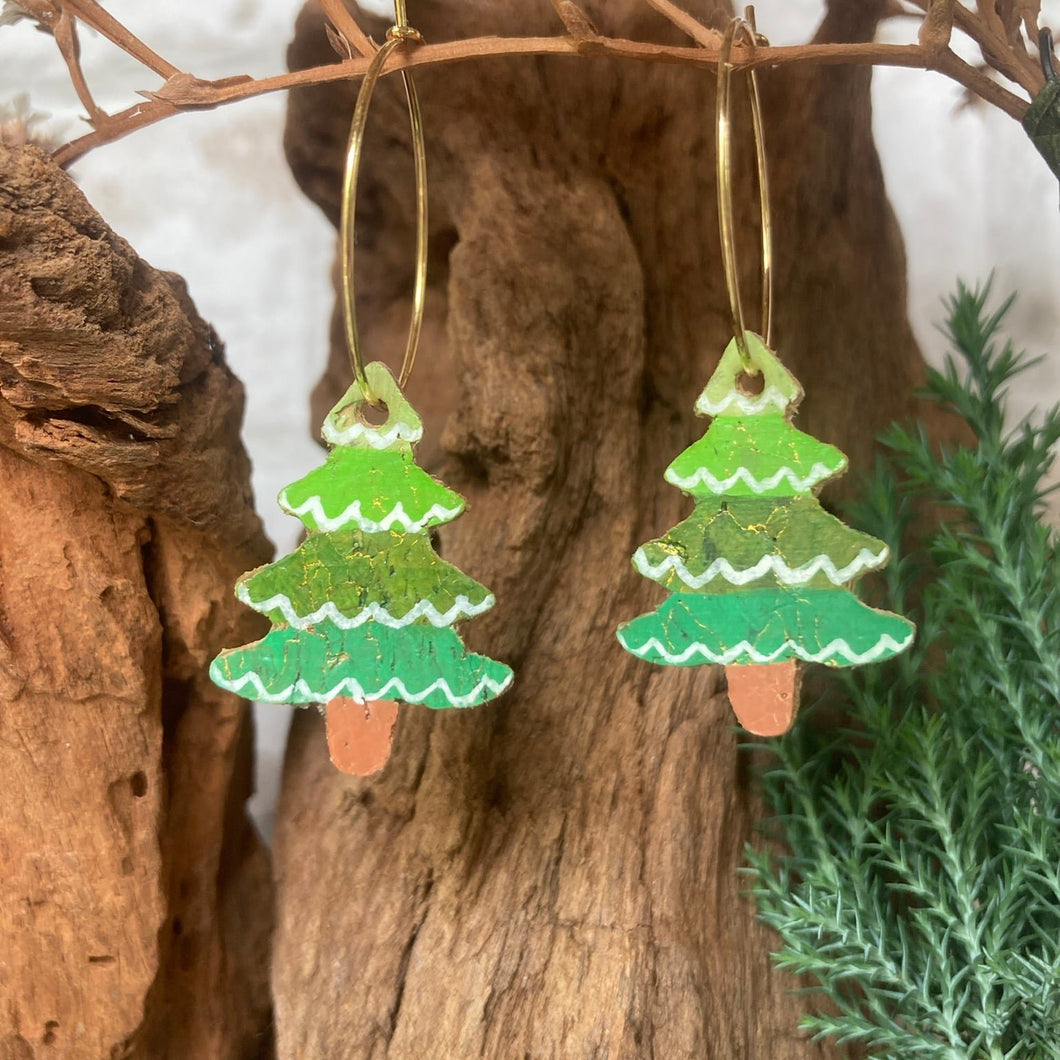 Christmas Tree Hoop Earrings - Christmas Natural Cork Jewellery - Incorknito Designs