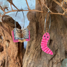 Load image into Gallery viewer, Pink Bookworm and Book Hoop Earrings - Natural Cork Jewellery - Incorknito Designs
