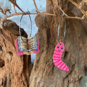 Pink Bookworm and Book Hoop Earrings - Natural Cork Jewellery - Incorknito Designs