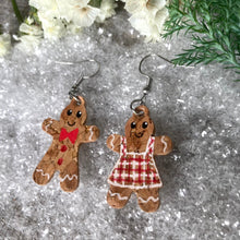 Load image into Gallery viewer, Mr and Mrs Gingerbread Man Hook Earrings - Christmas Natural Cork Jewellery - Incorknito Designs
