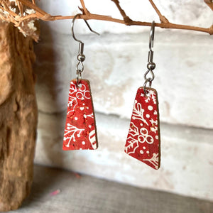 Red Christmas Abstract Hook Earrings - Christmas Natural Cork Jewellery - Incorknito Designs