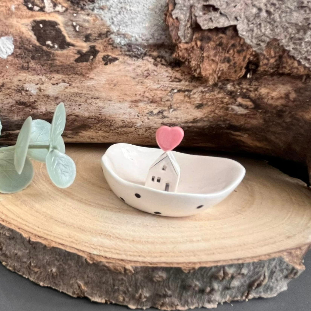 Trinket Bowl With House And Pink Heart - Strawberry Lane Studio