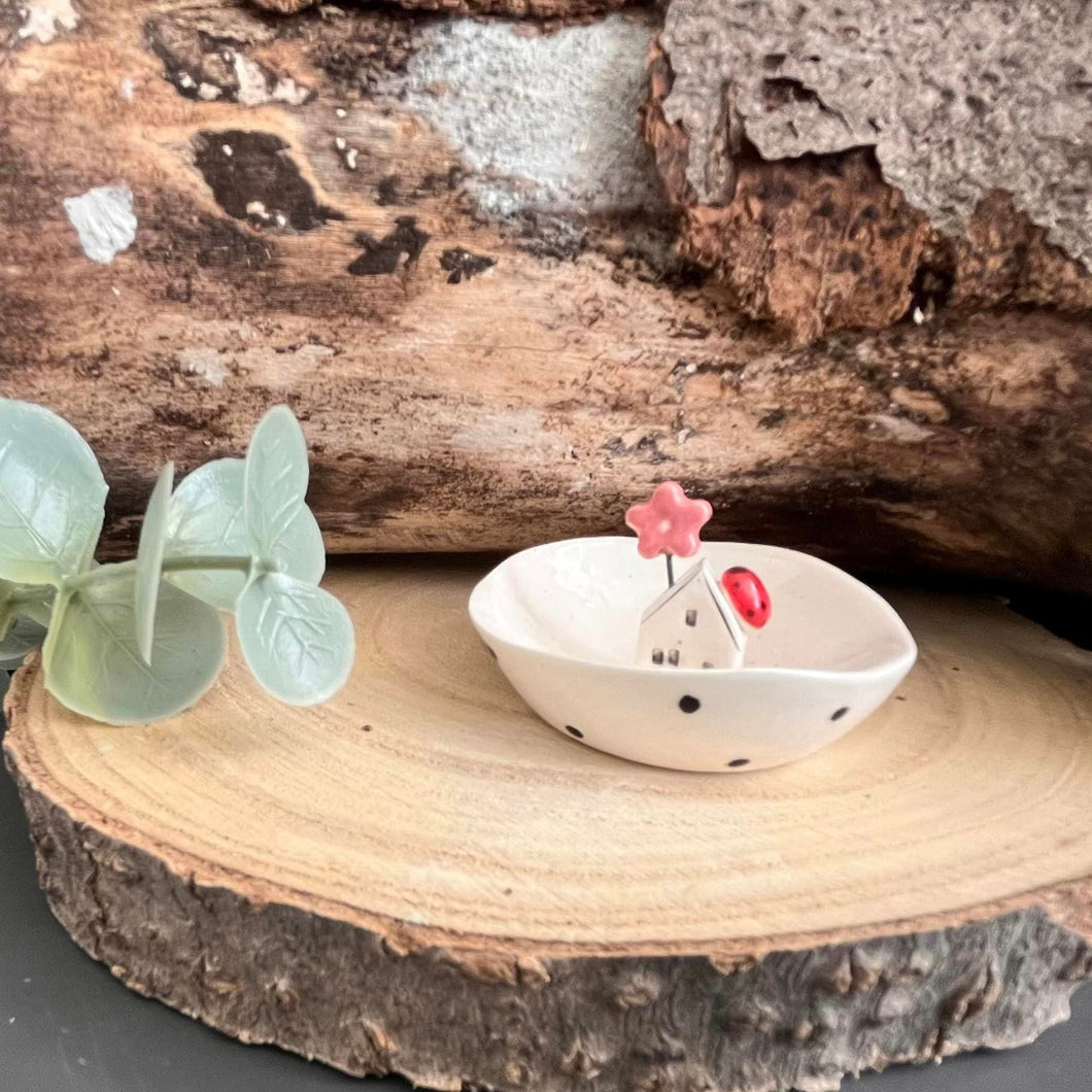 Trinket Bowl With House And Pink Flower  - Strawberry Lane Studio