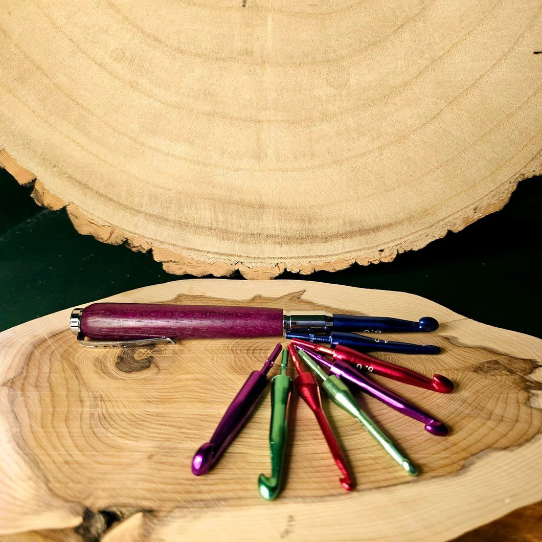 Wooden Crochet Hook with changeable sized hooks - Wood Turned - Purple Heart - What Wood Claire Do?