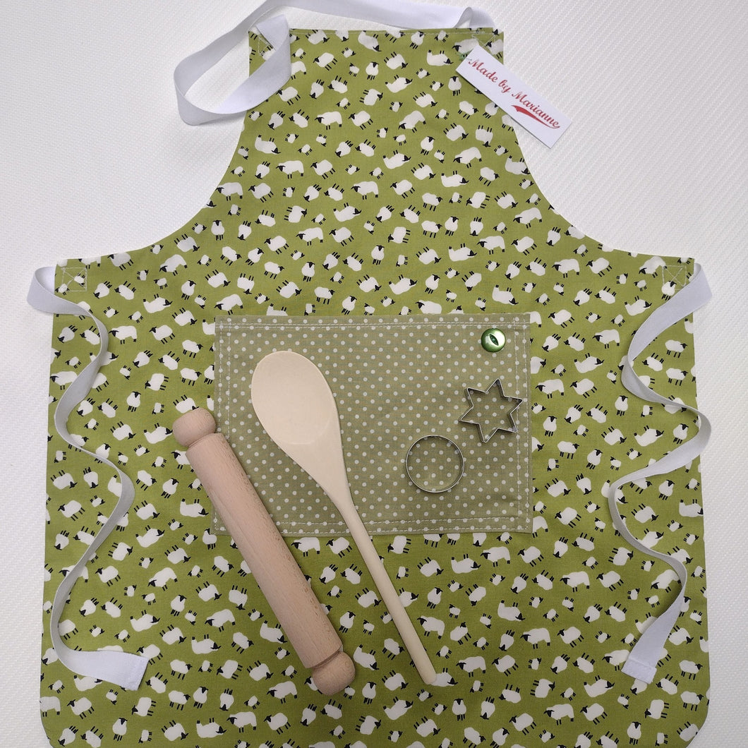 Childrens Baking Set - Kids Pinny - Green Sheep - Made by Marianne Gifts