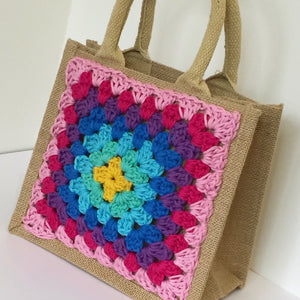 Crochet Square decorated Jute/Hessian bag - Robins and Rainbows