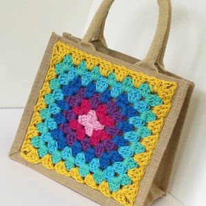 Crochet Square decorated Jute/Hessian bag - Robins and Rainbows