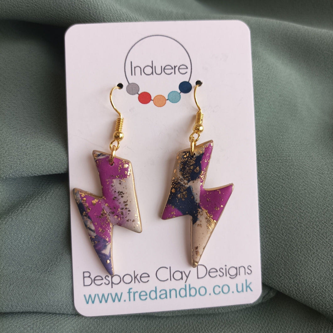 Polymer Clay Earrings - Marbled Magenta And Gold Statement Earrings - Induere