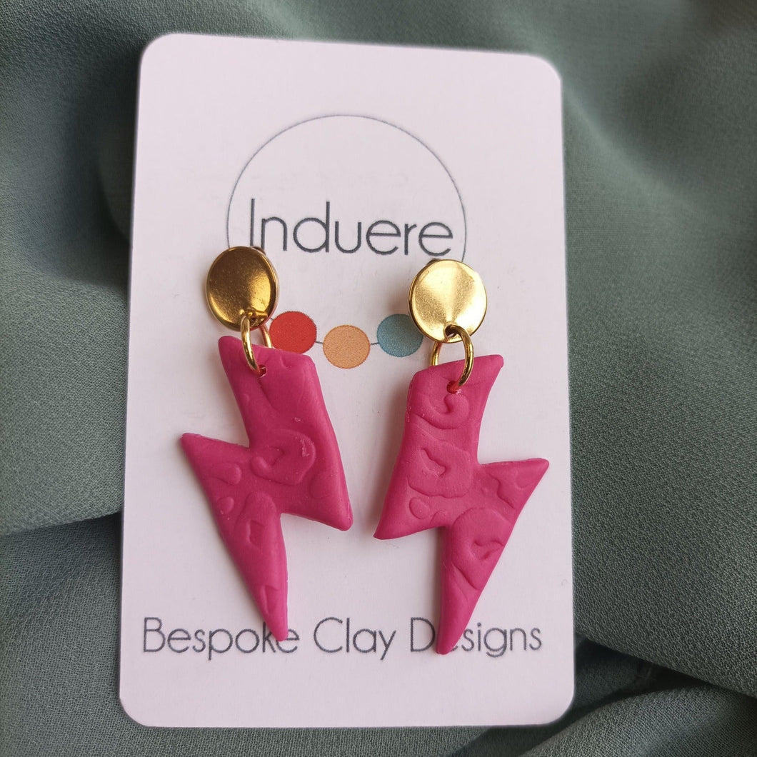 Polymer Clay Earrings - Pink Lightning And Gold Statement Earrings - Induere