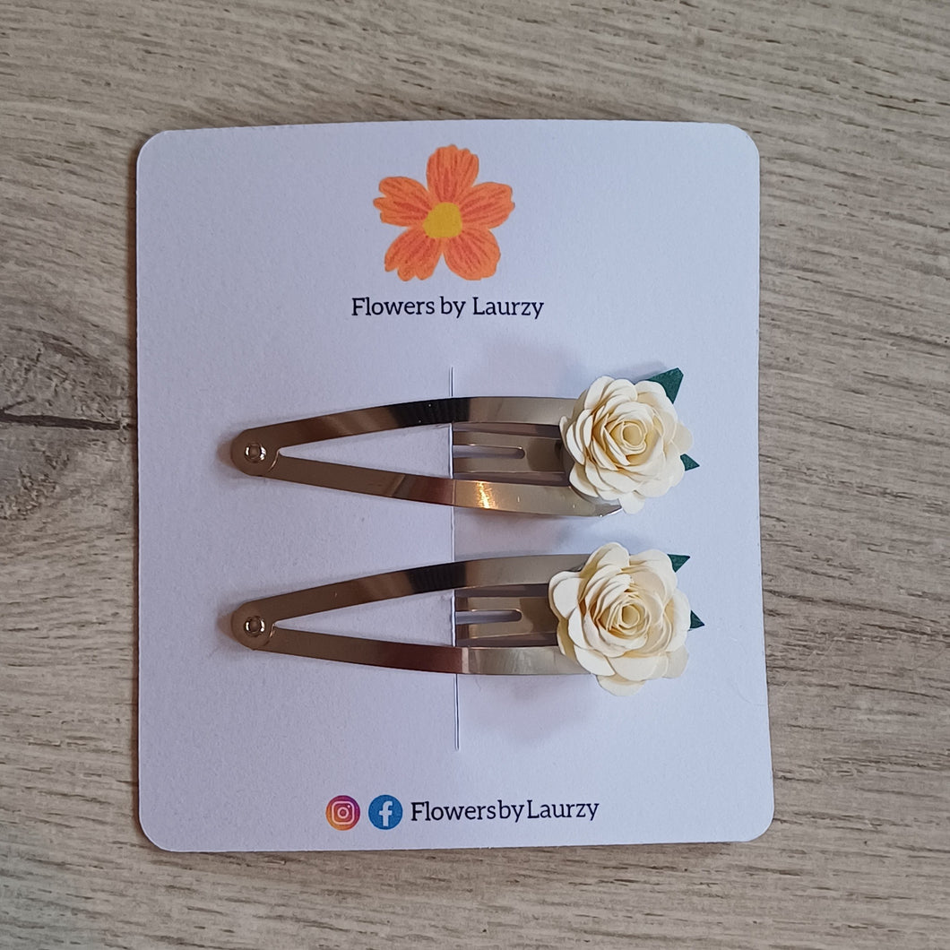 Hair Clip Set - Hand Rolled Paper Rose - Cream - Flowers by Laurzy