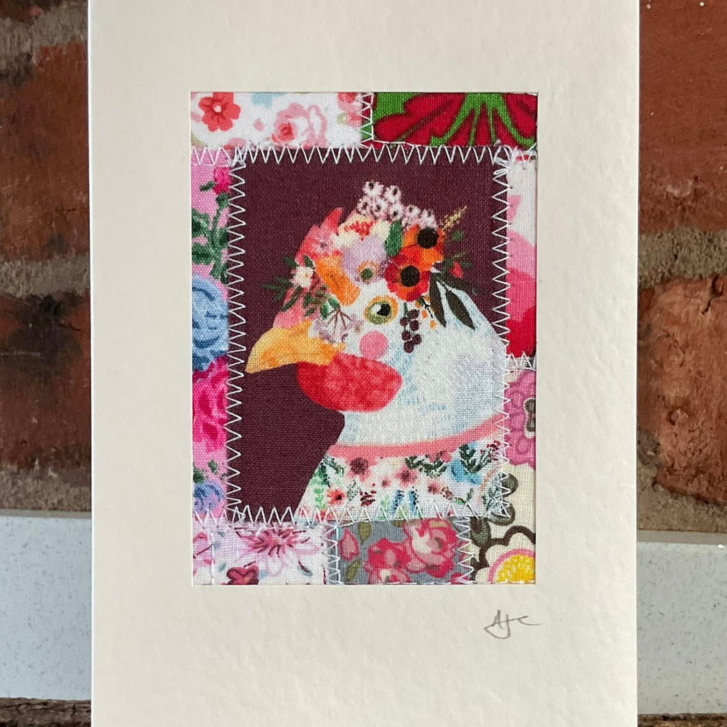 Greetings Card - Happy Hen - Fabric Collage Card - Quirky Threads Art