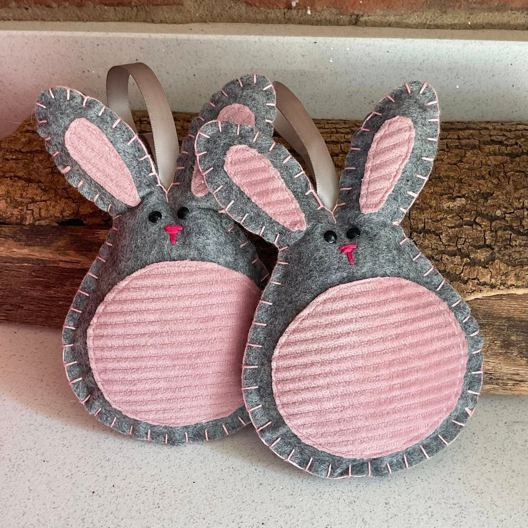 Easter -  Felt Bunny Decoration - Grey & Pink Corduroy - Quirky Threads Art