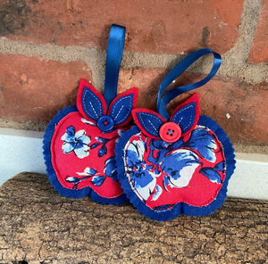 Fabric Apple Decoration - Bright Red And Blue - Quirky Threads Art
