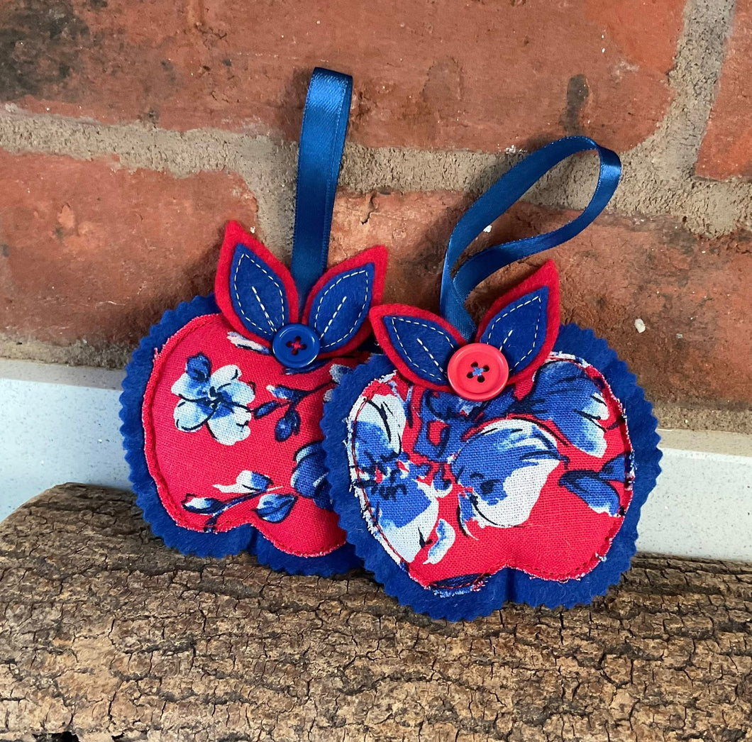 Fabric Apple Decoration - Bright Red And Blue - Quirky Threads Art