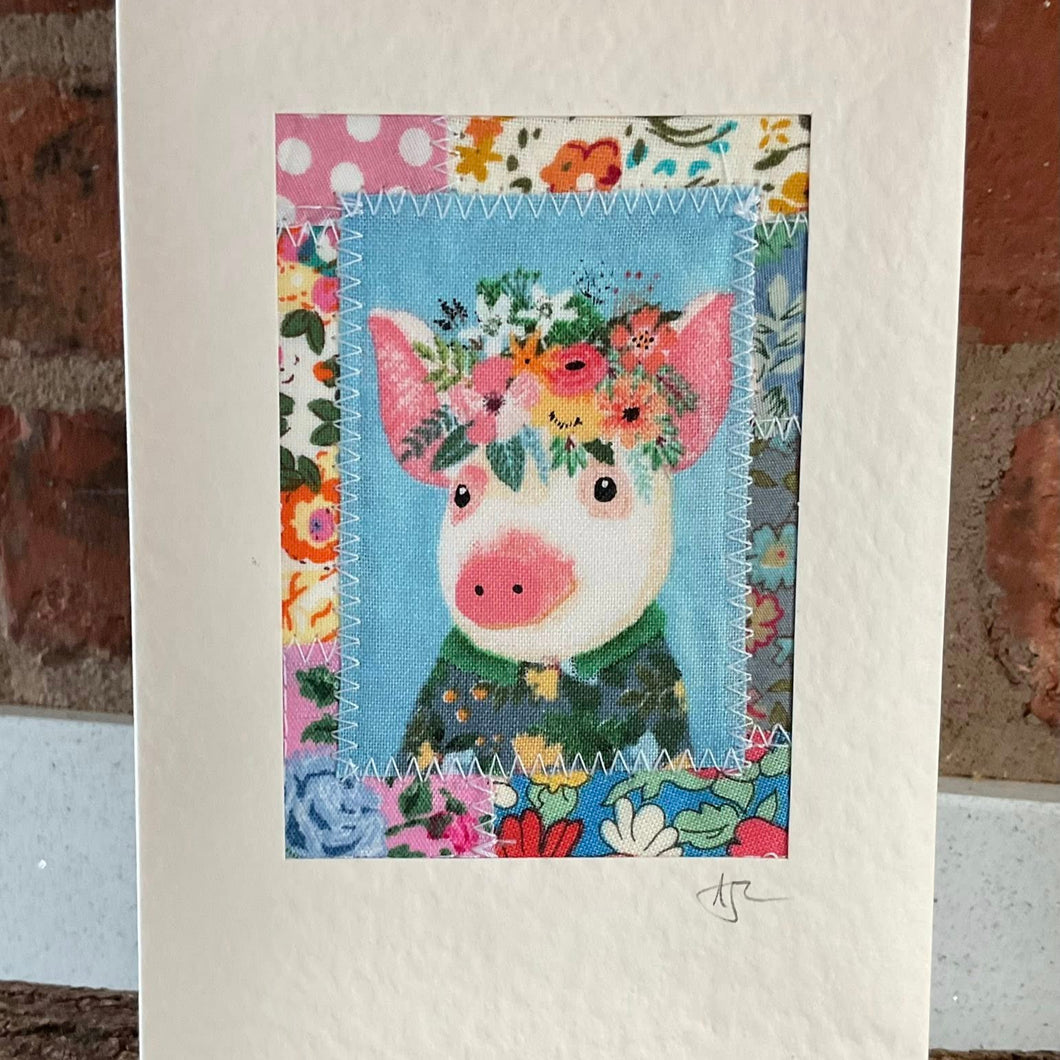 Greetings Card - Pleasant Pig - Fabric Collage Card - Quirky Threads Art