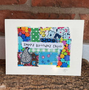 Greetings Card - Happy Birthday Chick - Fabric Collage Card - Quirky Threads Art