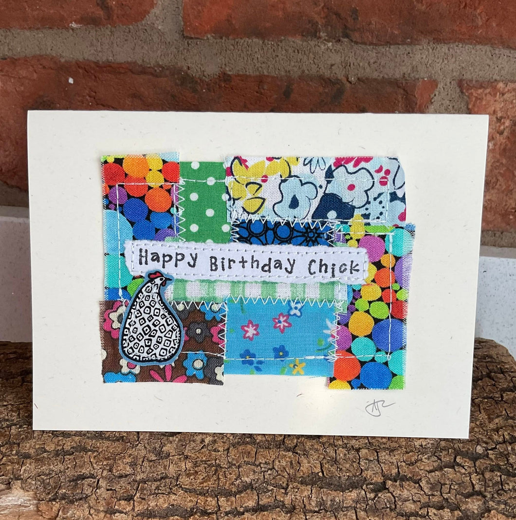Greetings Card - Happy Birthday Chick - Fabric Collage Card - Quirky Threads Art