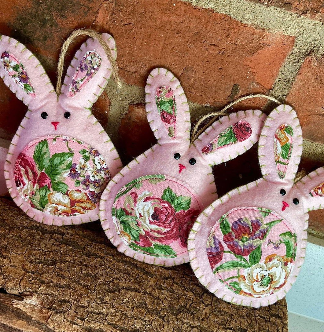 Easter -  Felt Bunny Decoration - Pale Pink With Floral Fabric - Quirky Threads Art